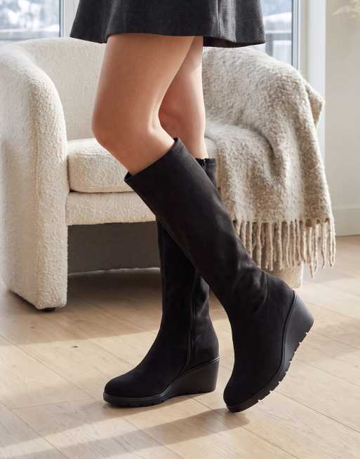 SEQWL Knee high wedge boots sock style zipped with almond toe in black, 2 of 5