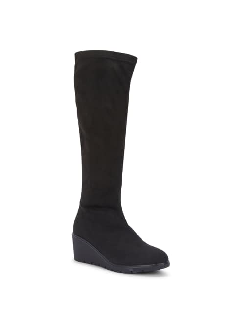 SEQWL Knee high wedge boots sock style zipped with almond toe in black, 3 of 5