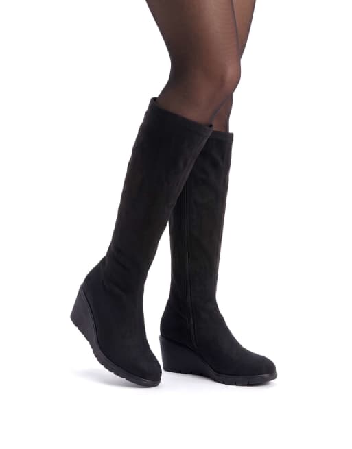 SEQWL Knee high wedge boots sock style zipped with almond toe in black, 4 of 5