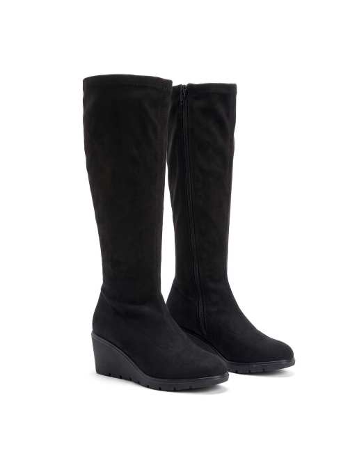SEQWL Knee high wedge boots sock style zipped with almond toe in black, 5 of 5