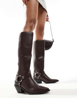 SEQWL knee high western boot in chocolate-Brown