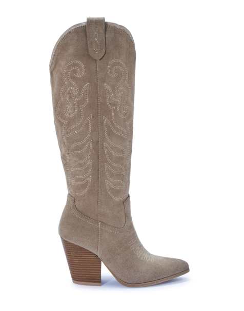SEQWL Knee high western cowboy boots with detailed embroidery in taupe - view 1