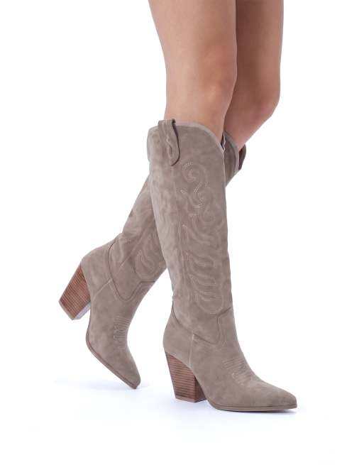 SEQWL Knee high western cowboy boots with detailed embroidery in taupe, 4 of 5