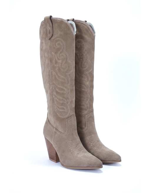 SEQWL Knee high western cowboy boots with detailed embroidery in taupe, 5 of 5