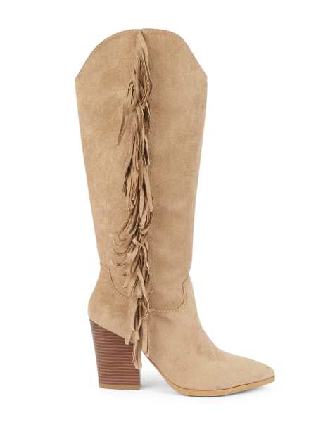 SEQWL Knee high western cowboy boots with side tassel detail in taupe - view 1