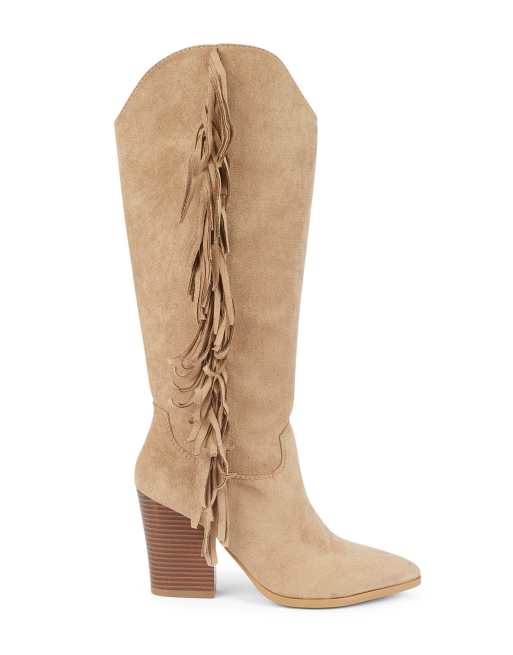 SEQWL Knee high western cowboy boots with side tassel detail in taupe, 3 of 5