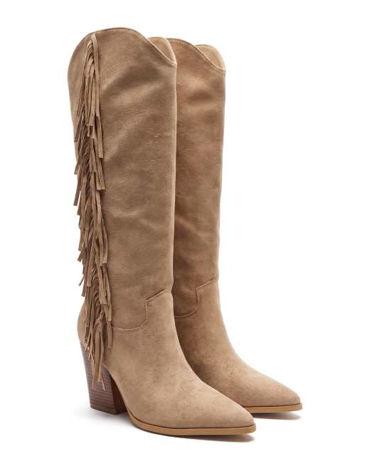 SEQWL Knee high western cowboy boots with side tassel detail in taupe, 5 of 5
