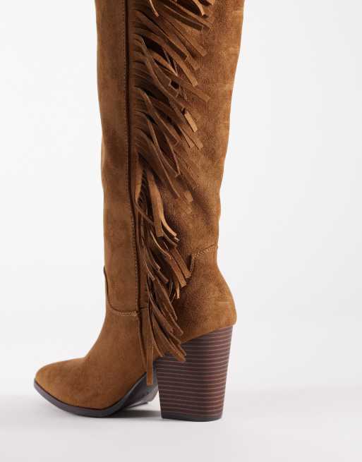 SEQWL – Kniehohe Westernstiefel in Hellbraun mit Fransen, 3 von 4