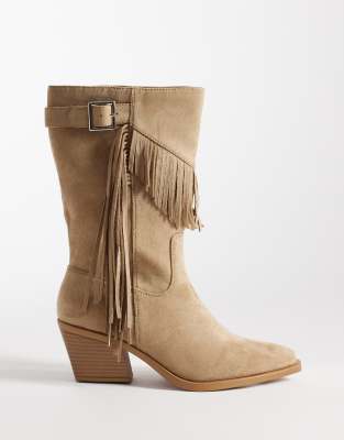 SEQWL - Kniehohe Westernstiefel in Sand mit Schnalle und Fransen-Neutral
