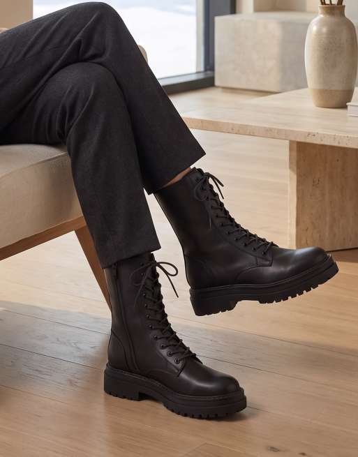 SEQWL Lace up block heel military ankle boots in black, 2 of 5