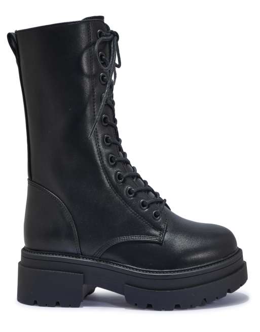 SEQWL Lace up block heel military ankle boots in black, 3 of 5
