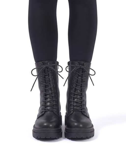 SEQWL Lace up block heel military ankle boots in black, 4 of 5