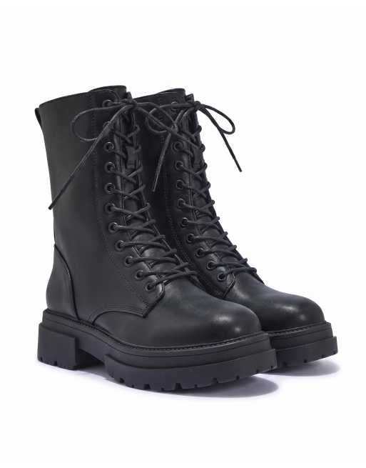 SEQWL Lace up block heel military ankle boots in black, 5 of 5