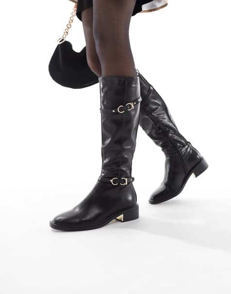 SEQWL Latte buckle detail refined riding boots in black - view 1
