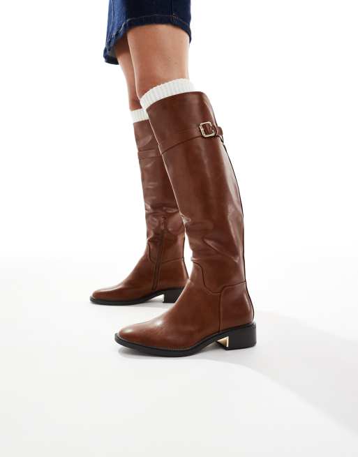 SEQWL Latte buckle detail riding boots in tan