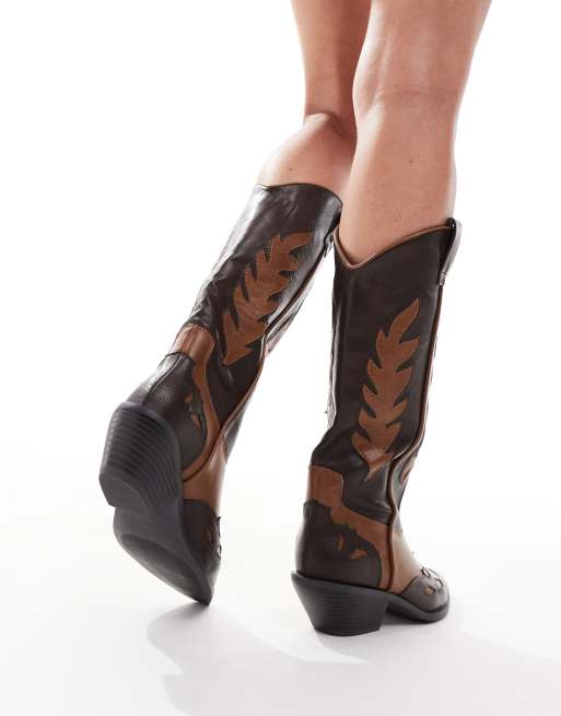 SEQWL Lexus colourblock western boots in brown ASOS