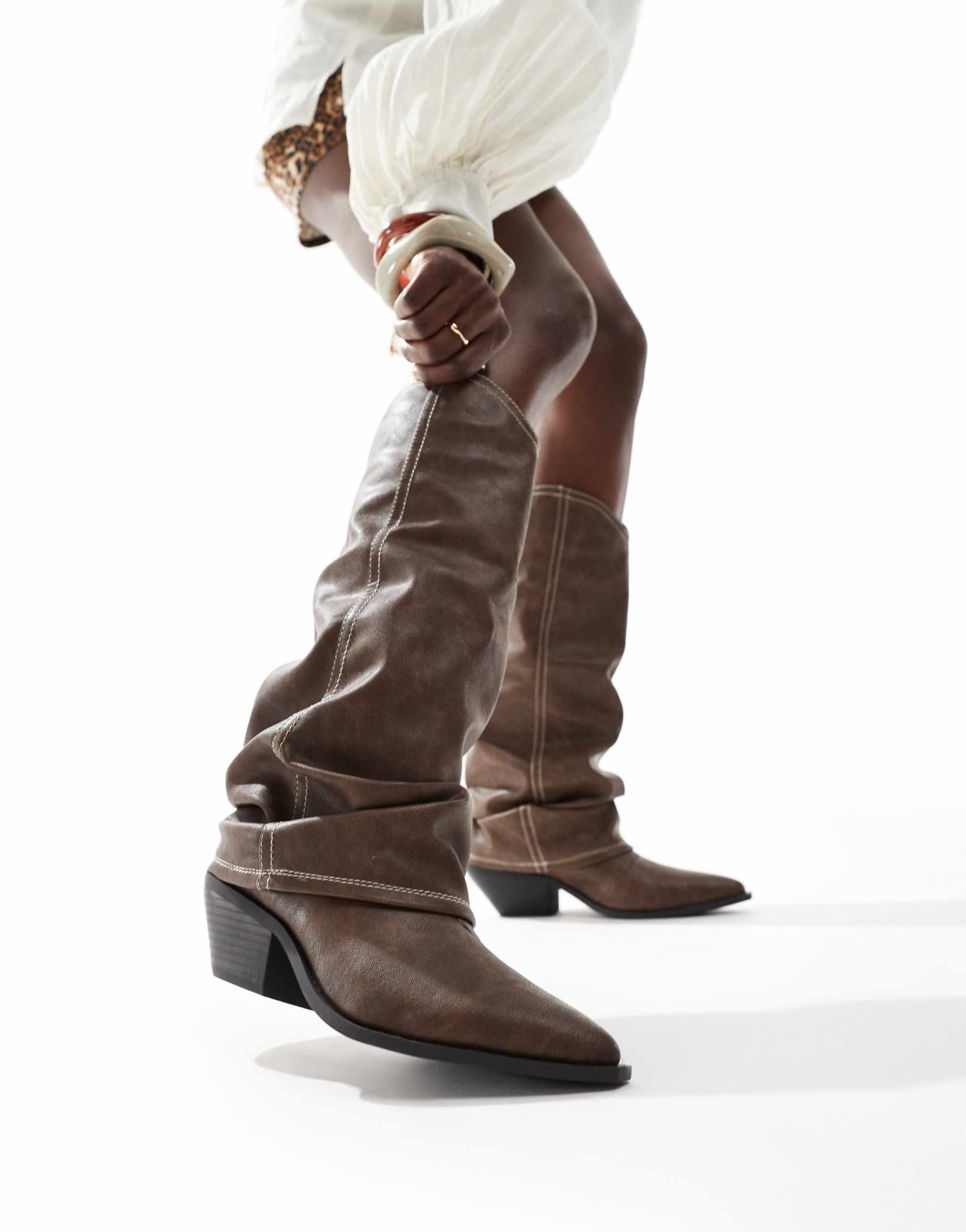 seqwl lexus slouchy fold over western boots in brown