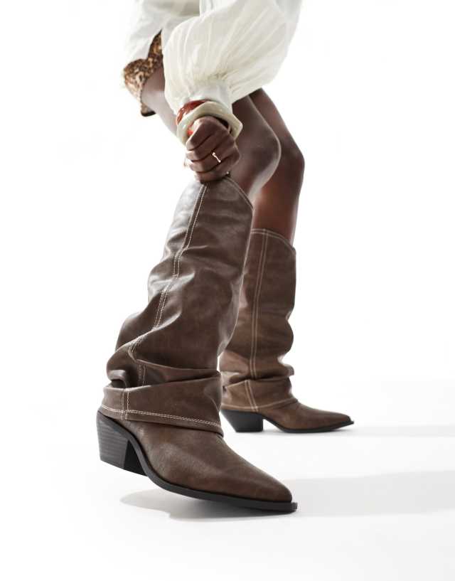 SEQWL Lexus slouchy fold over western boots in brown | ASOS