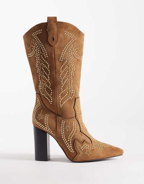 SEQWL – Ljusbruna, knähöga boots i cowboystil med små utsmyckade detaljer - view 1