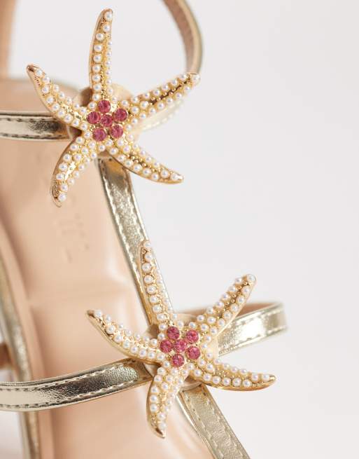 SEQWL Lolly heeled sandal with starfish emblishment in gold, 3 of 4