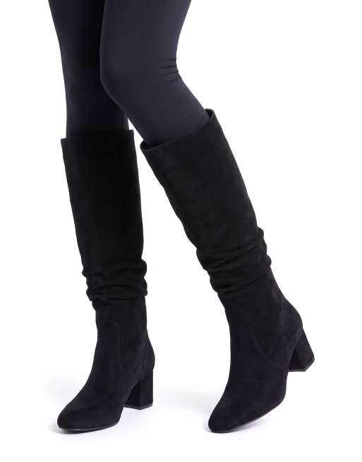 SEQWL Long slouch knee high boots pointed toe with mid block heel in black, 3 of 5