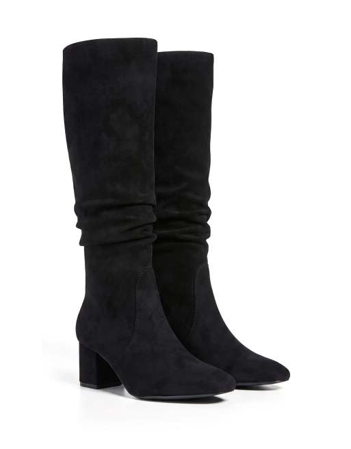 SEQWL Long slouch knee high boots pointed toe with mid block heel in black, 4 of 5