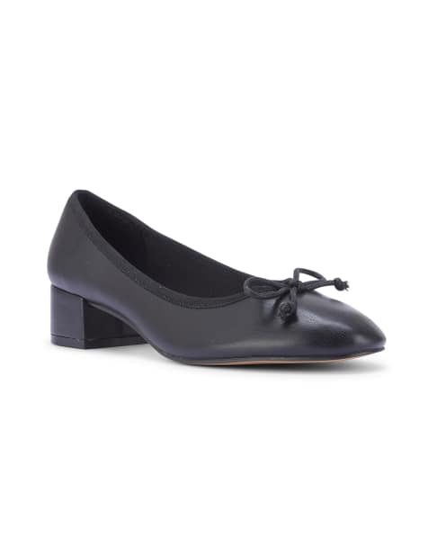 SEQWL Low block heel ballet pump shoes with bow front in black - view 1