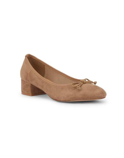 SEQWL Low block heel ballet pump shoes with bow front in tan - view 1