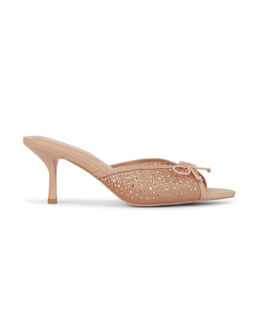 SEQWL Mesh bow heeled mule sandals with embellished rhinestone in beige, 3 of 5
