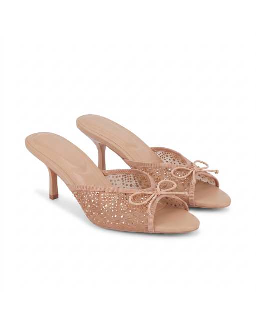 SEQWL Mesh bow heeled mule sandals with embellished rhinestone in beige, 5 of 5