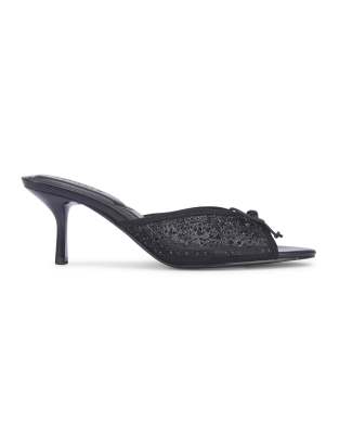  Mesh bow heeled mule sandals with embellished rhinestone 