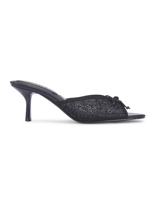 SEQWL Mesh bow heeled mule sandals with embellished rhinestone in black, 3 of 5