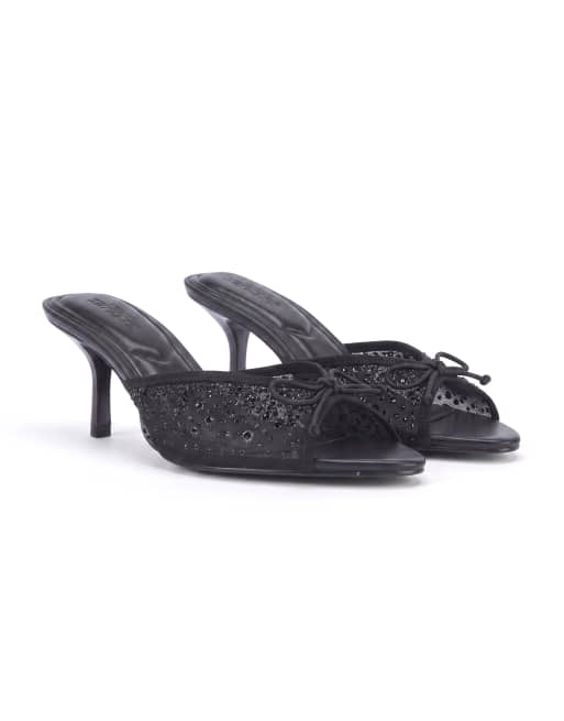 SEQWL Mesh bow heeled mule sandals with embellished rhinestone in black, 5 of 5