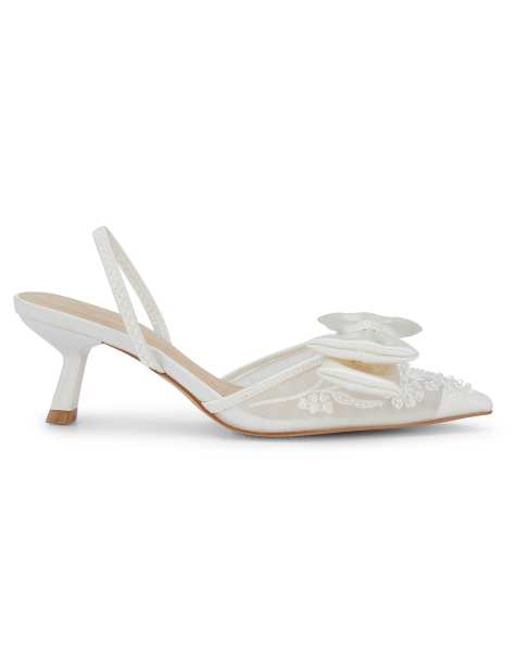 SEQWL Mesh slingback shoes with kitten heel and bow detail in ivory - view 1