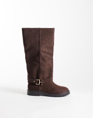 Seqwl Mickey Faux Suede Buckle Knee Boots In Brown
