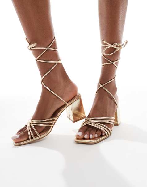 SEQWL mid block heel sandals in gold PU - view 1