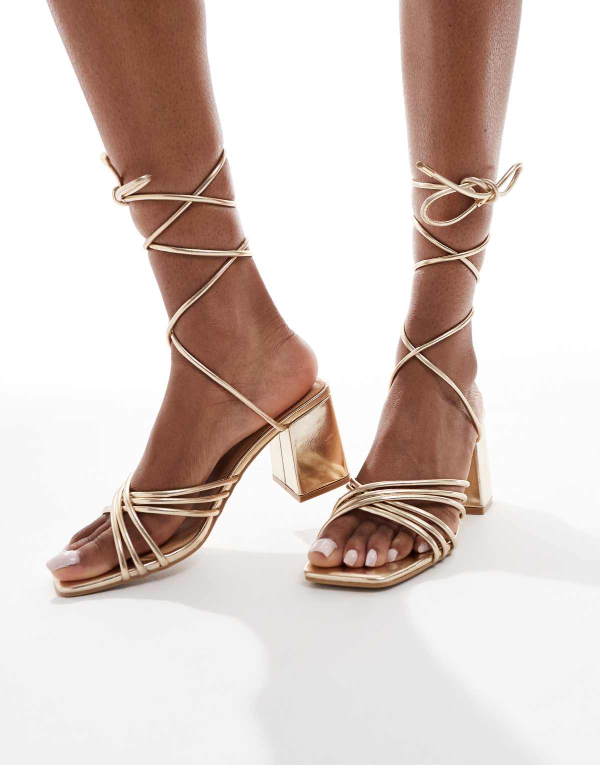 SEQWL mid block heel sandals in gold pu