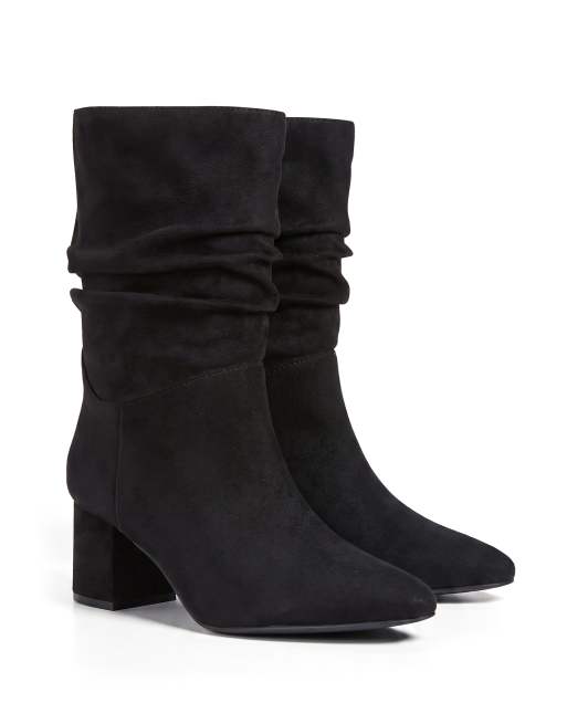 SEQWL Mid-boot slouch booties pointed toe with mid block heel in black, 4 of 5