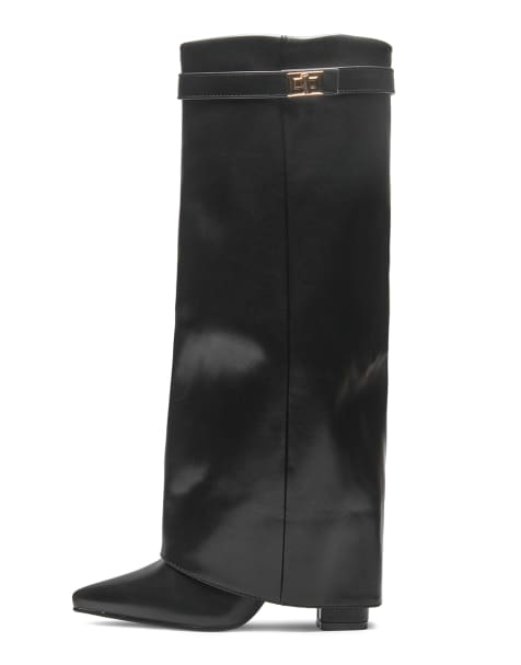 SEQWL Mid heel calf boots with metal buckle and zip closure in black - view 1