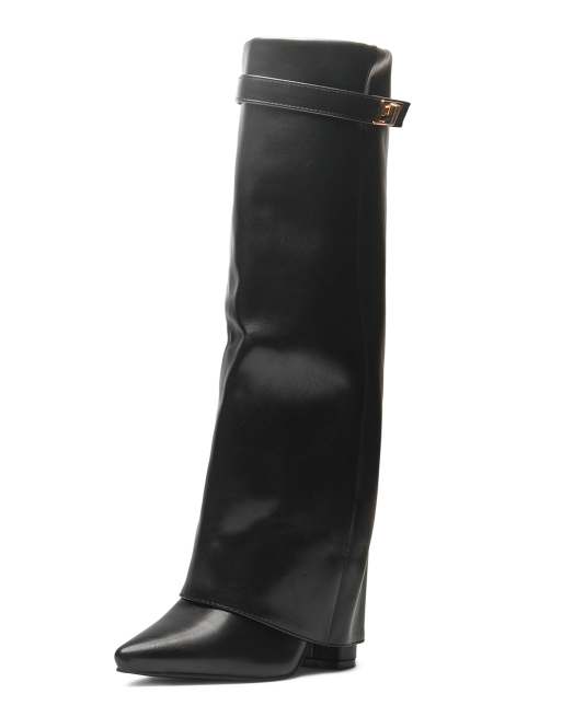 SEQWL Mid heel calf boots with metal buckle and zip closure in black, 3 of 4