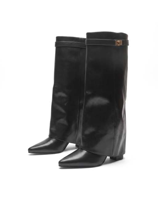 SEQWL Mid heel calf boots with metal buckle and zip closure in black, 4 of 4