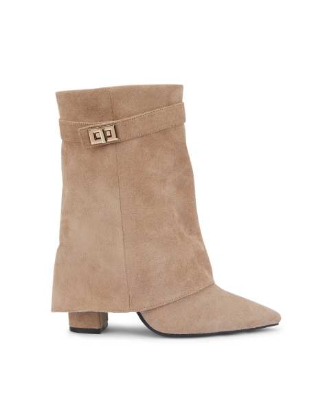 SEQWL Mid heel calf boots with zip closure and metal buckle in taupe - view 1