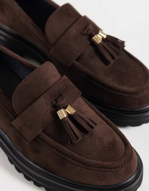 SEQWL - mocasines chunky con borlas de ante sintético en marrón chocolate, 3 de 4