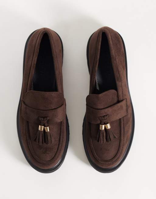 SEQWL mocassins à pampilles chunky en daim synthétique coupe large couleur chocolat, 2 de 4