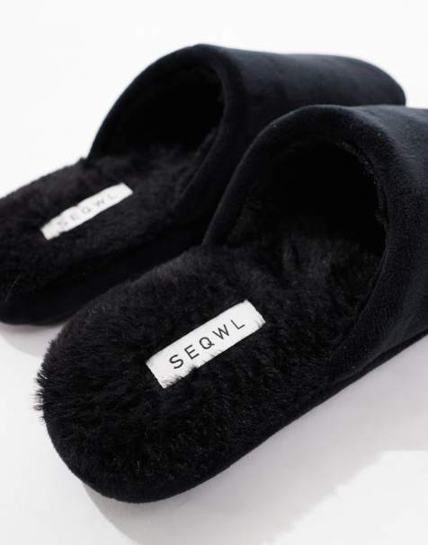 SEQWL Mslip fur lined slippers in black - view 2