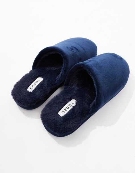 SEQWL Mslip fur lined slippers in navy - view 2