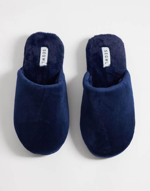 SEQWL - Mslip - Pantoffels met voering van imitatiebont in marineblauw, 2 van 4