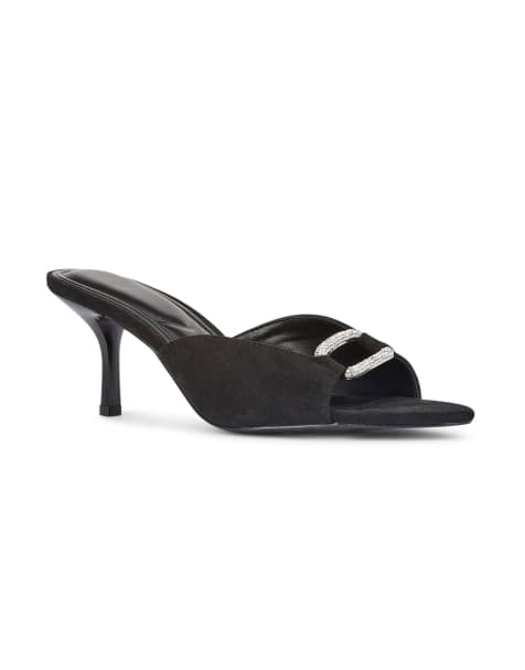 SEQWL Mule heels slip on sandals rhinestone embellished buckle in black - view 1