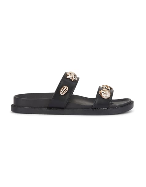 SEQWL Mule sandals double strap slides with embellishments in black - view 1