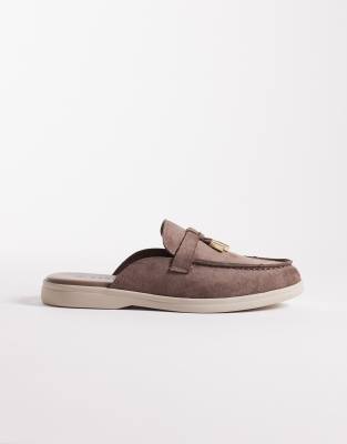  mule tassel trim loafer in mocha faux suede